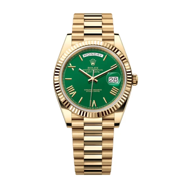 Reloj réplica Rolex Day-Date acabado oro amarillo esfera verde – 40 mm