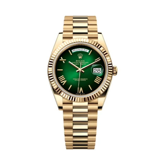 Reloj réplica Rolex Day-Date acabado oro amarillo esfera verde degradada – 40 mm · Ref. RSC-12080