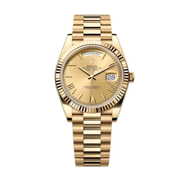 Reloj réplica Rolex Day-Date acabado oro amarillo y esfera dorada – 40 mm