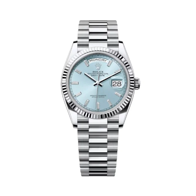 Reloj réplica Rolex Day-Date acabado oro blanco azul hielo – 36 mm