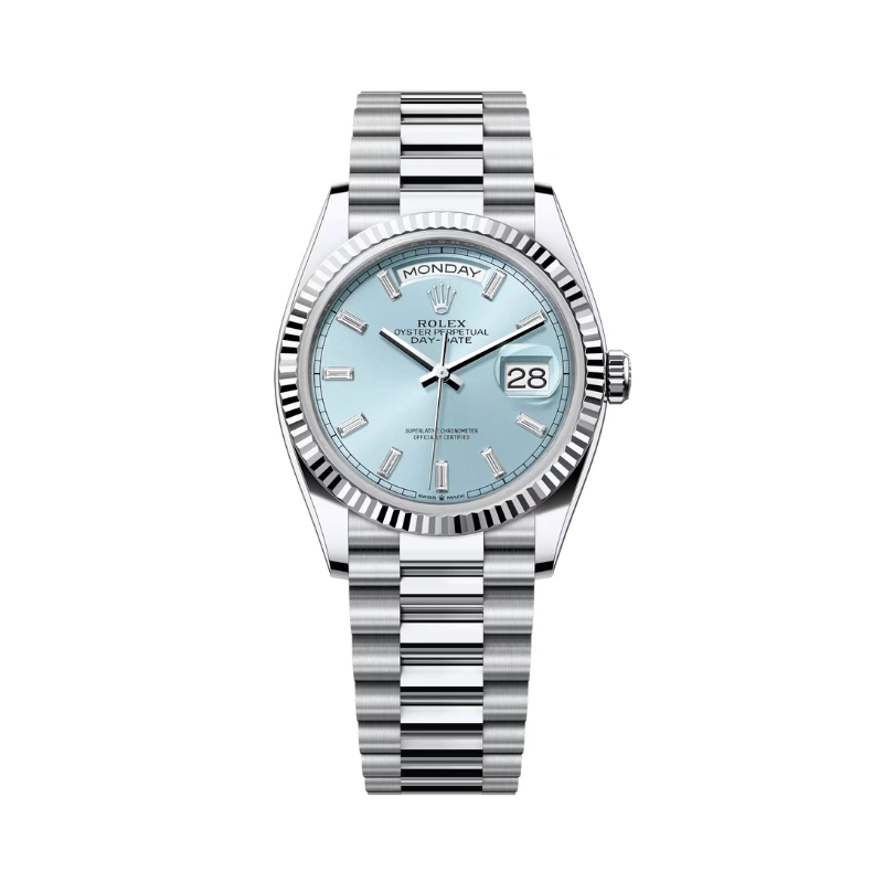 Reloj réplica Rolex Day-Date acabado oro blanco azul hielo – 36 mm