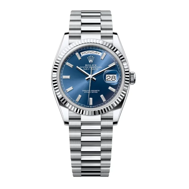 Reloj réplica Rolex Day-Date acabado oro blanco esfera azul – 40 mm