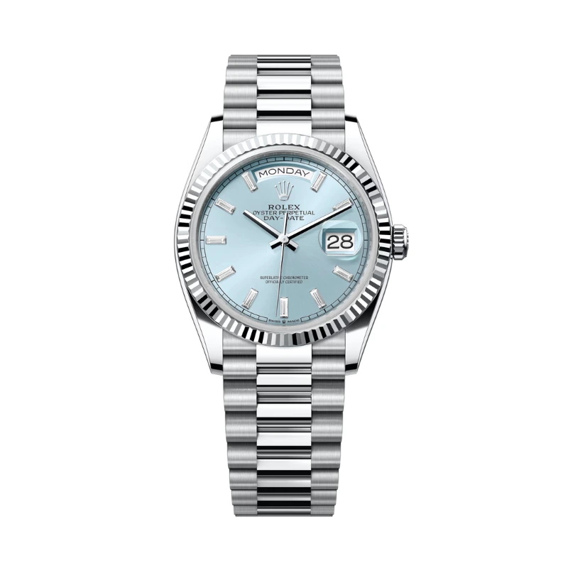 Reloj réplica Rolex Day-Date acabado oro blanco esfera azul hielo – 40 mm