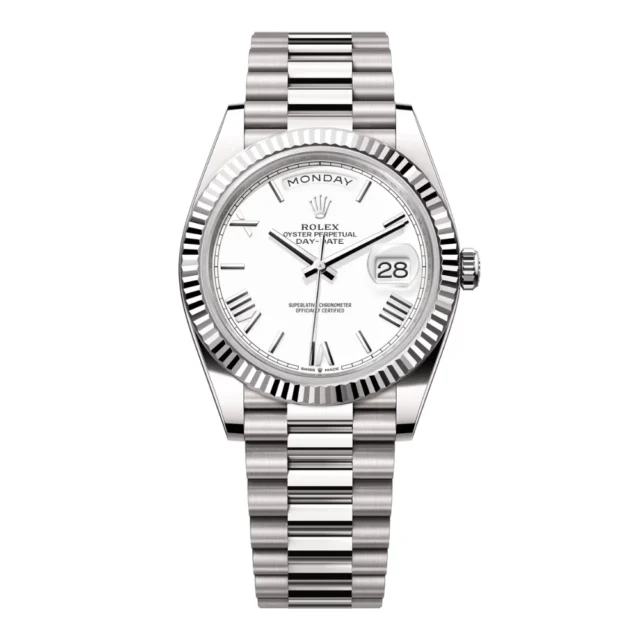Reloj réplica Rolex Day-Date acabado oro blanco esfera blanca – 40 mm