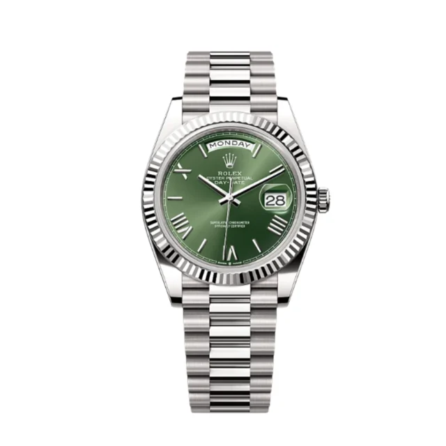 Reloj réplica Rolex Day-Date acabado oro blanco esfera verde – 40 mm