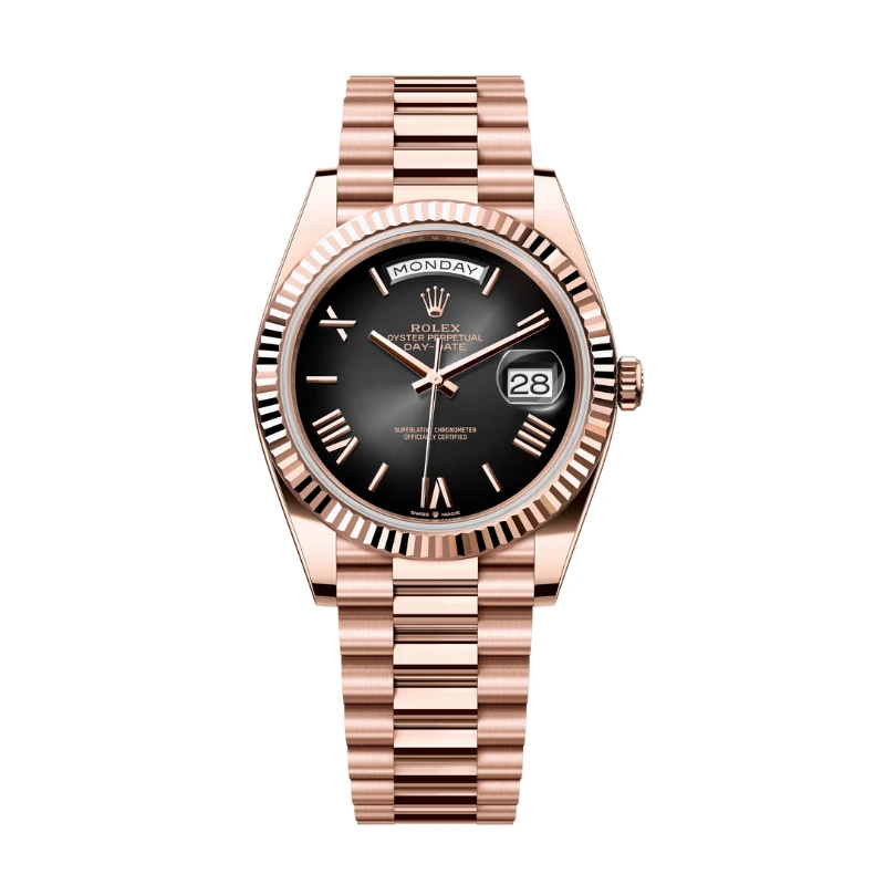 Reloj réplica Rolex Day-Date acabado oro rosa esfera negra – 40 mm · Ref. RSC-11445