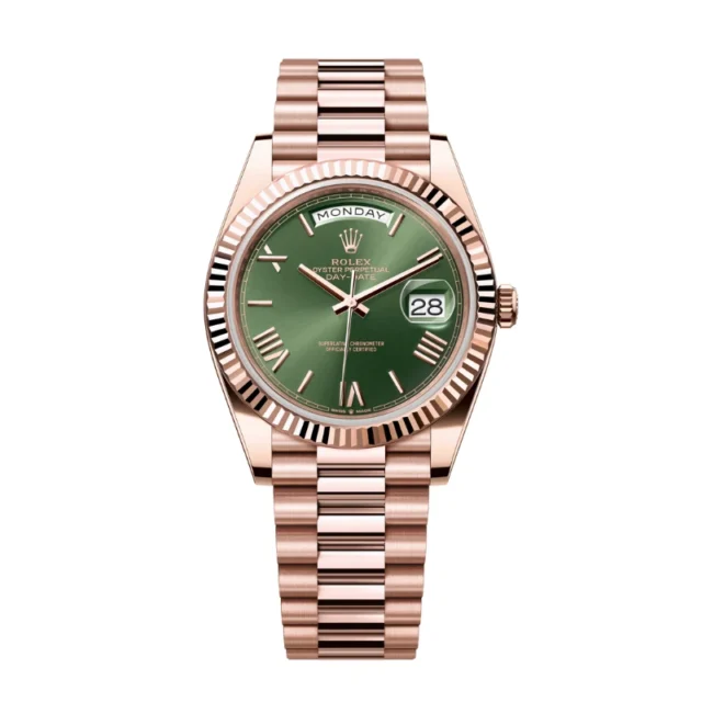 Reloj réplica Rolex Day-Date acabado oro rosa esfera verde – 40 mm · Ref. RSC-3228